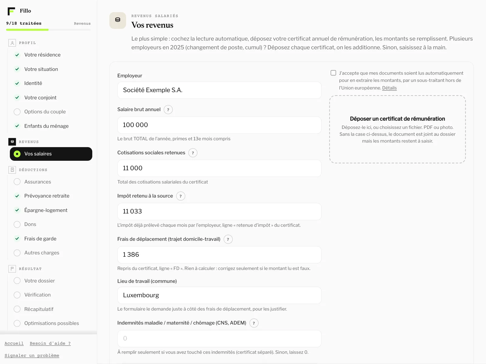 L'écran « Vos revenus » du parcours Fillo : le salaire, les cotisations et la retenue déjà saisis à gauche, et à droite la zone où déposer son certificat de rémunération.